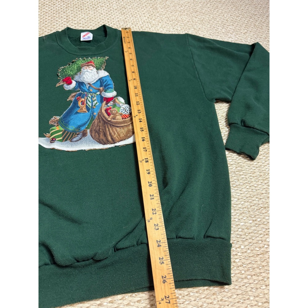 Vintage Jerzees Christmas Santa Sweatshirt XL Green 90'e USA embroidered sweater - Picture 6 of 7